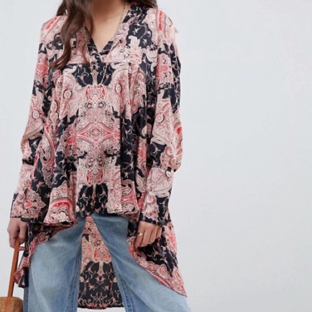 Free People Field Of Butterflies Tunic Top Paisley Print Long Sleeve Black Red